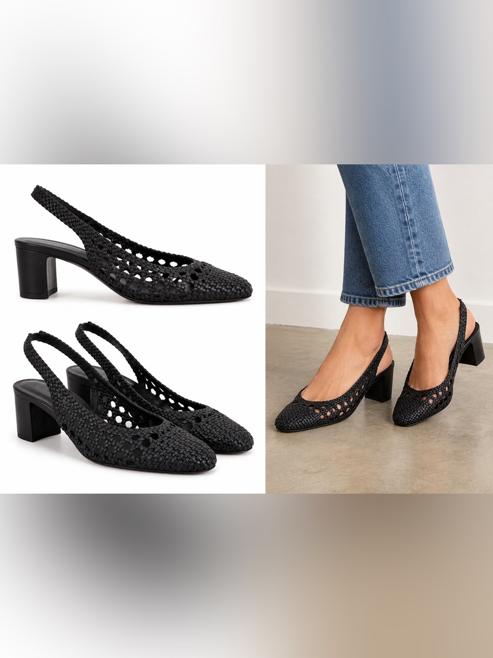H&M Black Woven 100% leather Slingback Block Heel